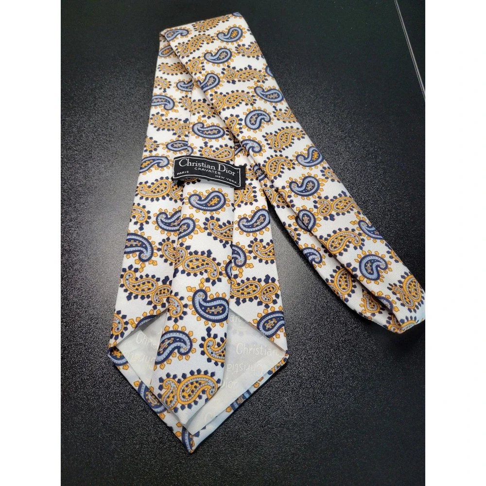 Christian Dior Men's Necktie White Blue Yellow Paisley Silk 3.75